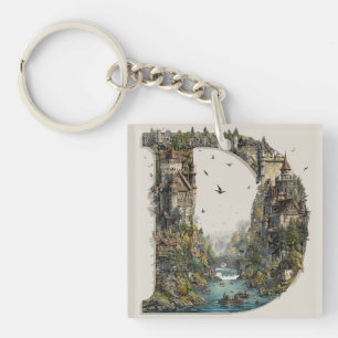 Fantasy Letter D with Castles in the Sky Storybook Key Ring