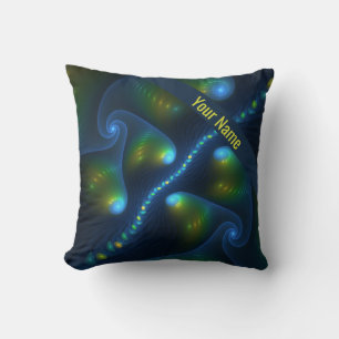 Fantasy Lights Abstract Art Blue Green Yellow Name Cushion