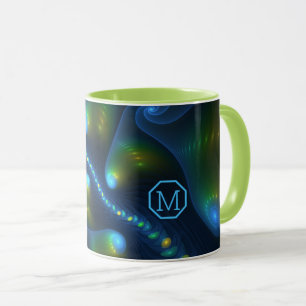 Fantasy Lights Abstract Blue Fractal Art Monogram Mug
