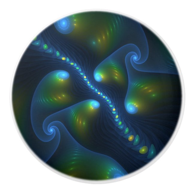 Fantasy Lights Abstract Blue Green Yellow Fractal Ceramic Knob (Front)