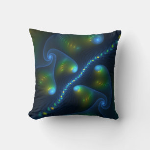 Fantasy Lights Abstract Blue Green Yellow Fractal Cushion