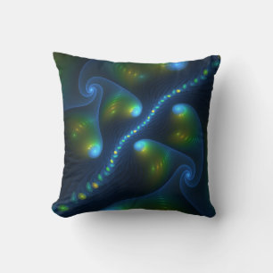 Fantasy Lights Abstract Blue Green Yellow Fractal Cushion