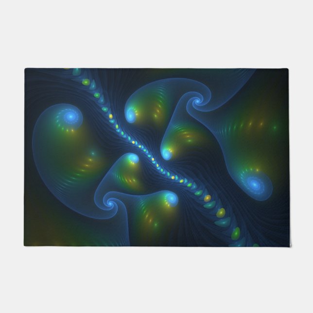 Fantasy Lights Abstract Blue Green Yellow Fractal Doormat (Front)