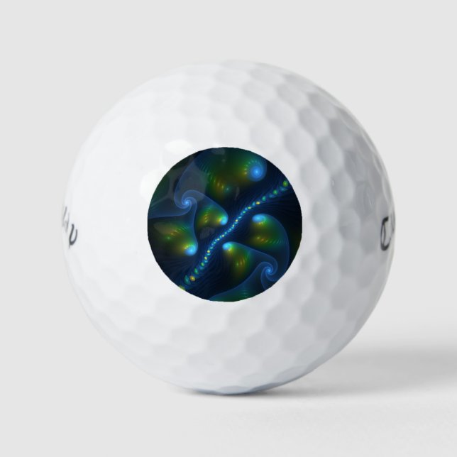 Fantasy Lights Abstract Blue Green Yellow Fractal Golf Balls (Front)