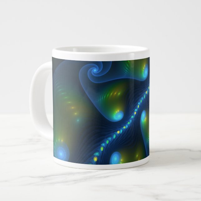Fantasy Lights Abstract Blue Green Yellow Fractal Large Coffee Mug (Front Left)
