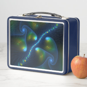 Fantasy Lights Abstract Blue Green Yellow Fractal Metal Lunch Box