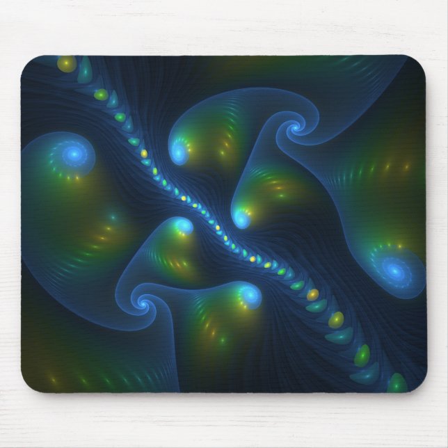 Fantasy Lights Abstract Blue Green Yellow Fractal Mouse Mat (Front)