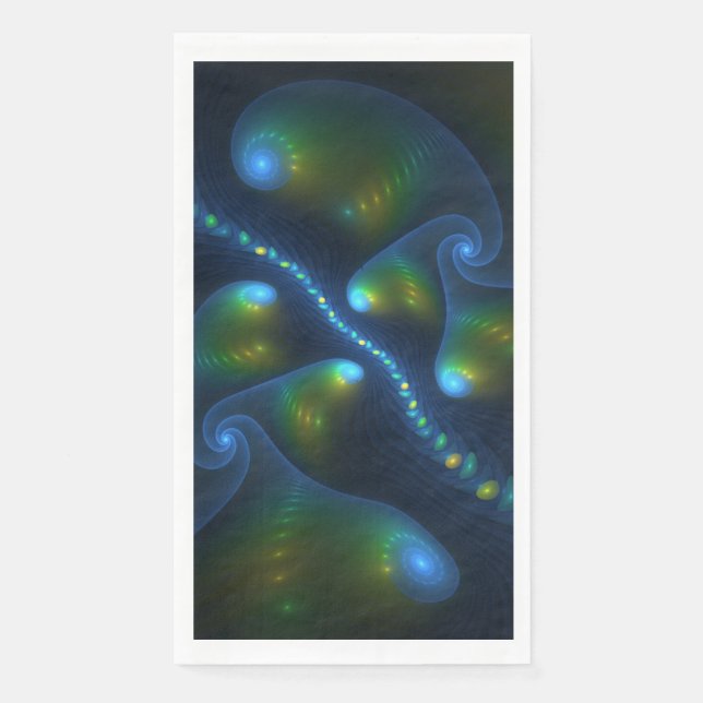 Fantasy Lights Abstract Blue Green Yellow Fractal Napkin (Front)