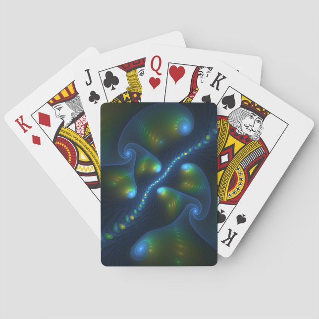 Fantasy Lights Abstract Blue Green Yellow Fractal Playing Cards (Back)