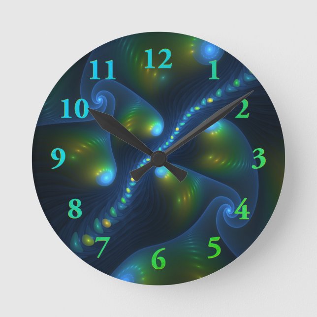 Fantasy Lights Abstract Blue Green Yellow Fractal Round Clock (Front)
