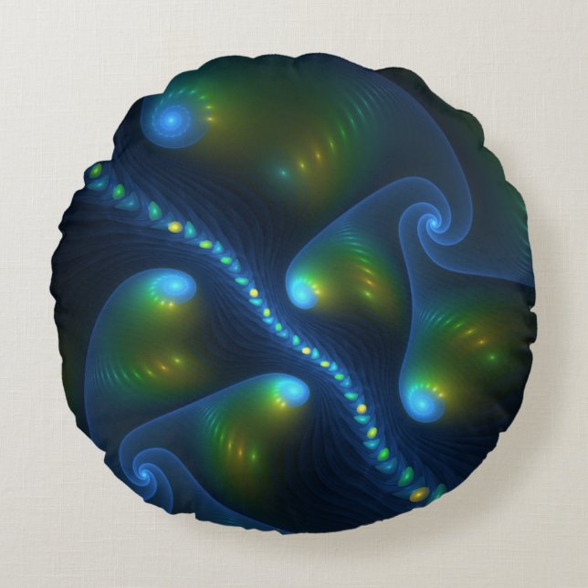 Fantasy Lights Abstract Blue Green Yellow Fractal Round Cushion (Front)