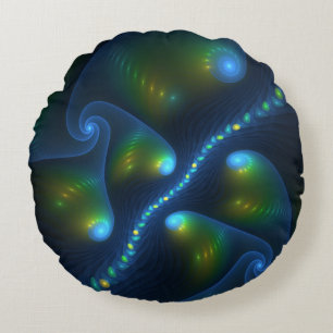 Fantasy Lights Abstract Blue Green Yellow Fractal Round Cushion