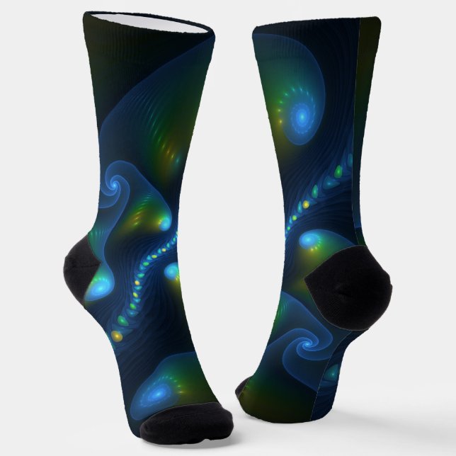 Fantasy Lights Abstract Blue Green Yellow Fractal Socks (Angled)
