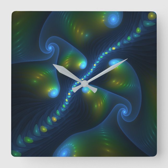Fantasy Lights Abstract Blue Green Yellow Fractal Square Wall Clock (Front)