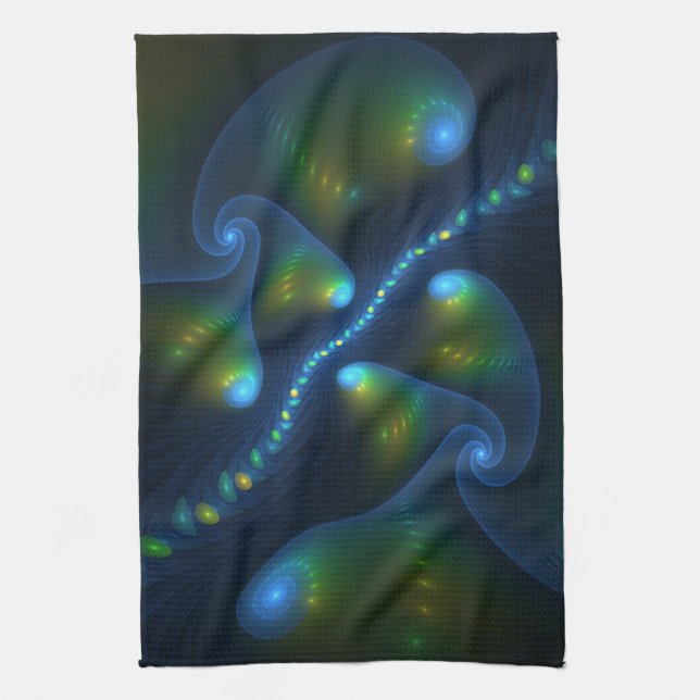 Fantasy Lights Abstract Blue Green Yellow Fractal Tea Towel (Vertical)