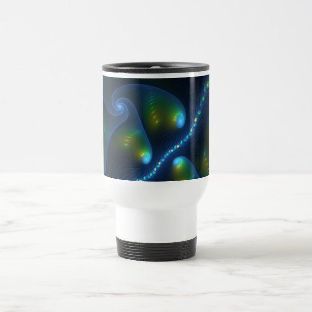 Fantasy Lights Abstract Blue Green Yellow Fractal Travel Mug (Center)