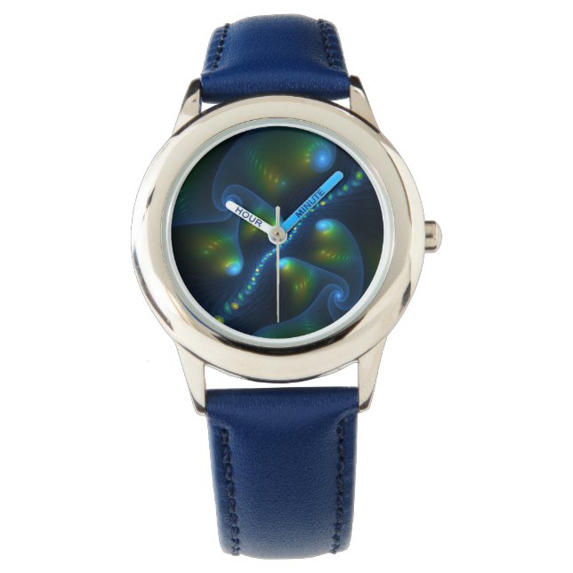 Fantasy Lights Abstract Blue Green Yellow Fractal Watch (Front)