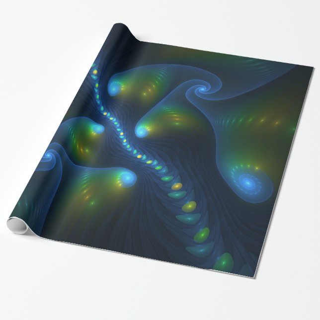 Fantasy Lights Abstract Blue Green Yellow Fractal Wrapping Paper (Unrolled)
