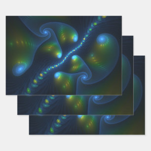 Fantasy Lights Abstract Blue Green Yellow Fractal Wrapping Paper Sheet