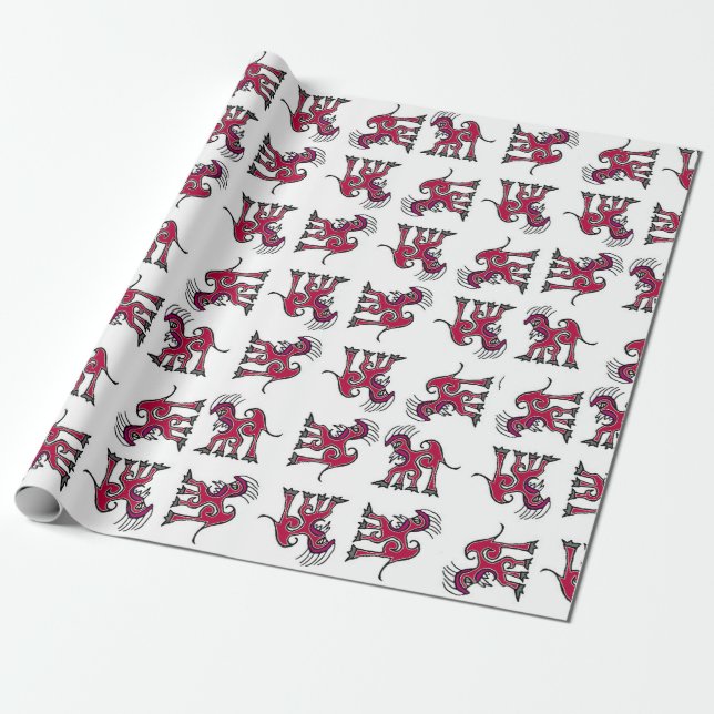 Fantasy linear art dragon drawing motif pattern wrapping paper (Unrolled)