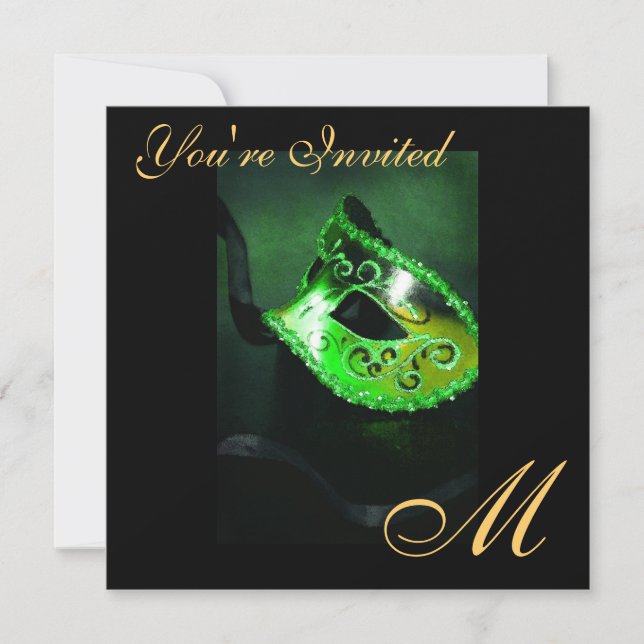 Fantasy Masquerade Mask Monogram Green Invitation (Front)