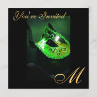 Fantasy Masquerade Mask Monogram Green Invitation