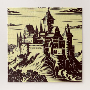 Fantasy Mediaeval Castle - Japanese Woodcut Style  Jigsaw Puzzle