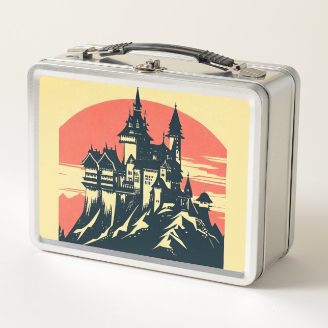 Fantasy Mediaeval Castle - Japanese Woodcut Style  Metal Lunch Box (Front)