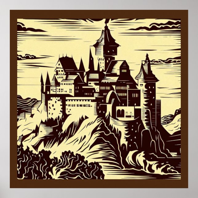 Fantasy Mediaeval Castle - Woodcut 2 Poster (Front)