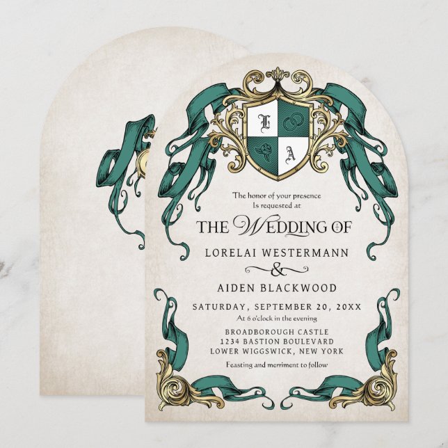 Fantasy Mediaeval Shield Arch Emerald Green Weddin Invitation (Front/Back)