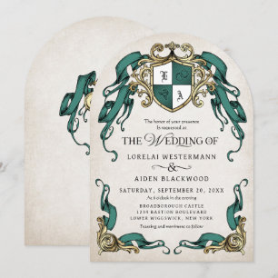Fantasy Mediaeval Shield Arch Emerald Green Weddin Invitation