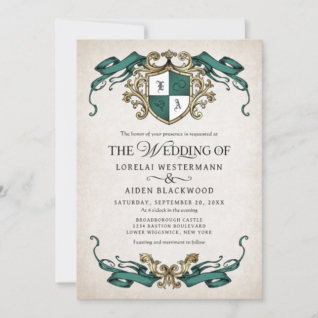 Fantasy Mediaeval Shield Emerald Green Wedding Invitation (Front)