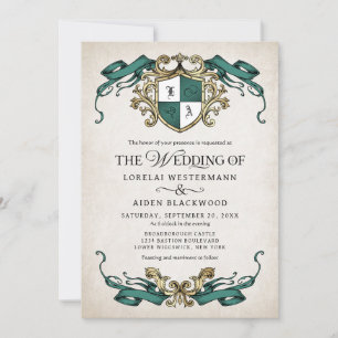 Fantasy Mediaeval Shield Emerald Green Wedding Invitation