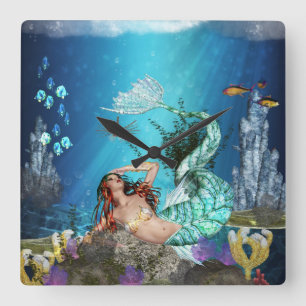 Fantasy Mermaid And Fish Square Wall Clock