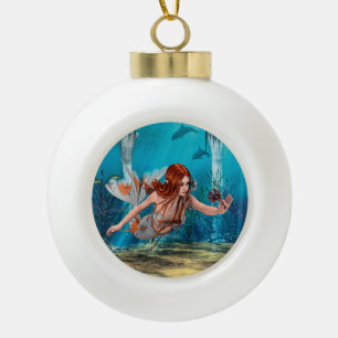 Fantasy Mermaid and Sea Lily Ceramic Ball Christmas Ornament