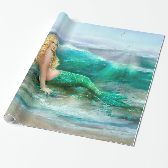 Fantasy Mermaid on Shore of Aqua Blue Sea Wrapping Paper (Unrolled)