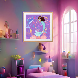 Fantasy Mermaid purple pink blue dolphin ocean 2  Poster