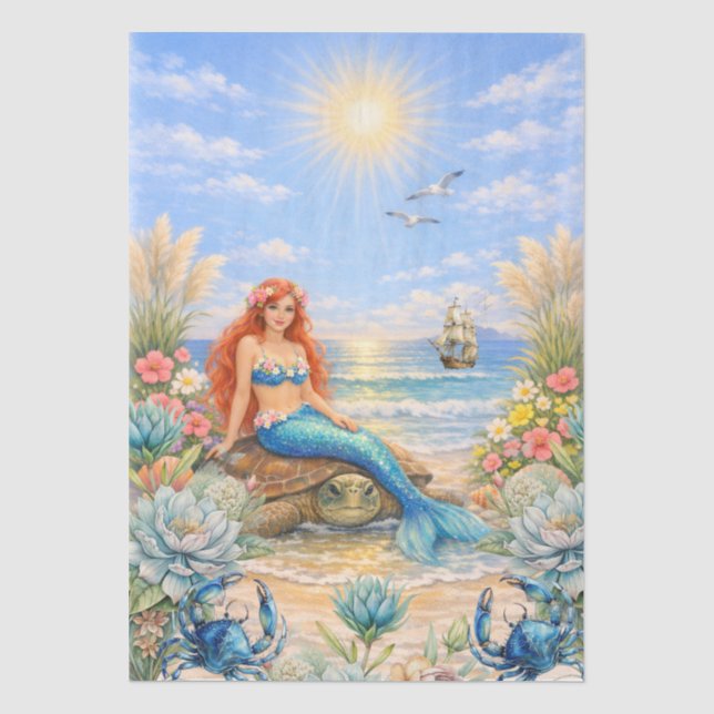 Fantasy Mermaid Sea Turtle Beach Scene Decoupage  Tissue Paper (Front)