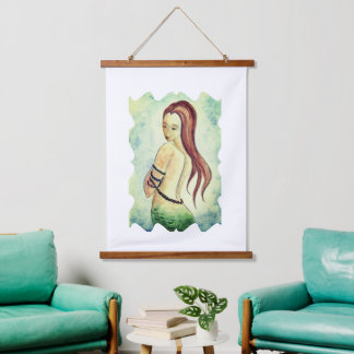 Fantasy Mermaid Watercolor Seafoam Green Hanging Tapestry