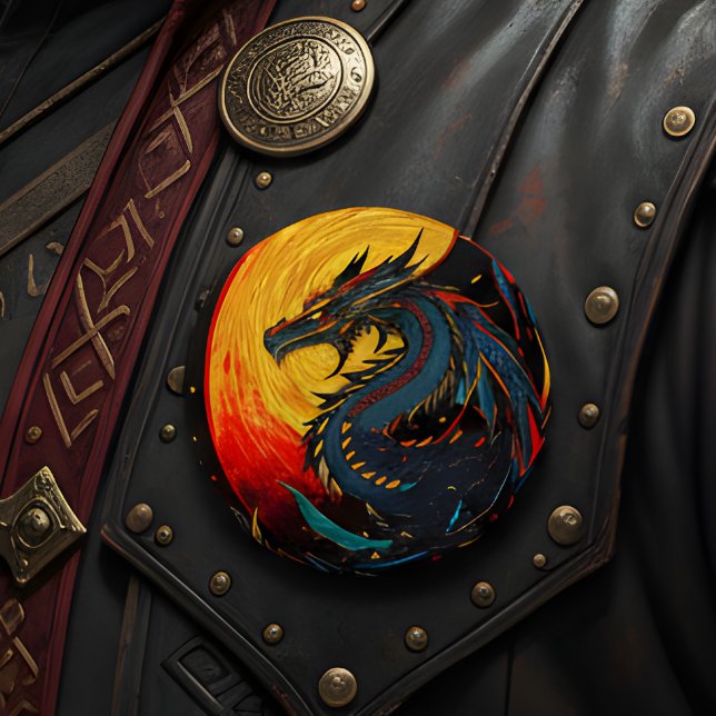 Fantasy Midnight Dragon Fire Moon Round Pin Button (Creator Uploaded)