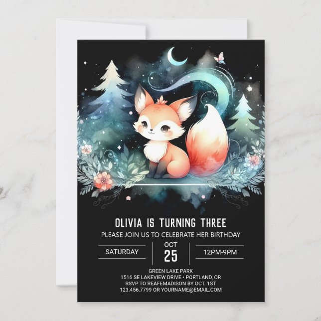  Fantasy Modern Fox Birthday digital Invitation (Front)