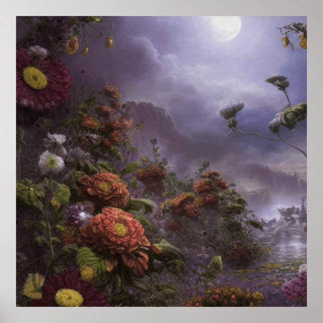 Fantasy Moonlight Magical Garden Landscape  Poster (Front)
