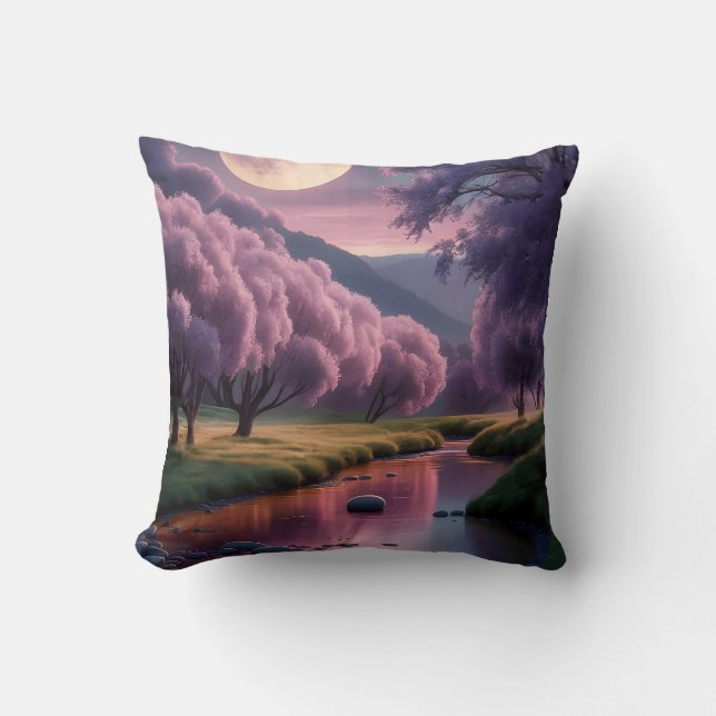 Fantasy Moonlit River Dreamscape Illustration Cushion (Front)