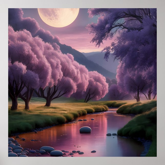 Fantasy Moonlit River Dreamscape Illustration Poster (Front)