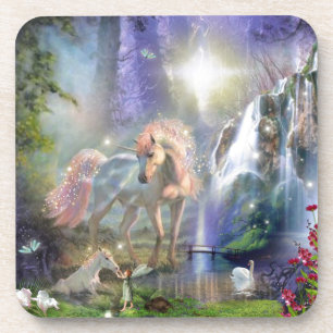 Fantasy Mother Unicorn and Baby in a Fairy Garden Coaster