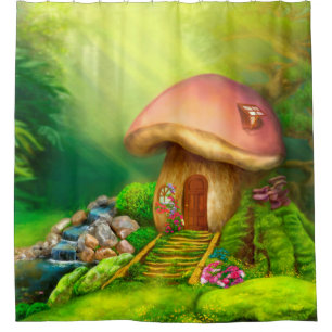 Fantasy mushroom cottage house shower curtain