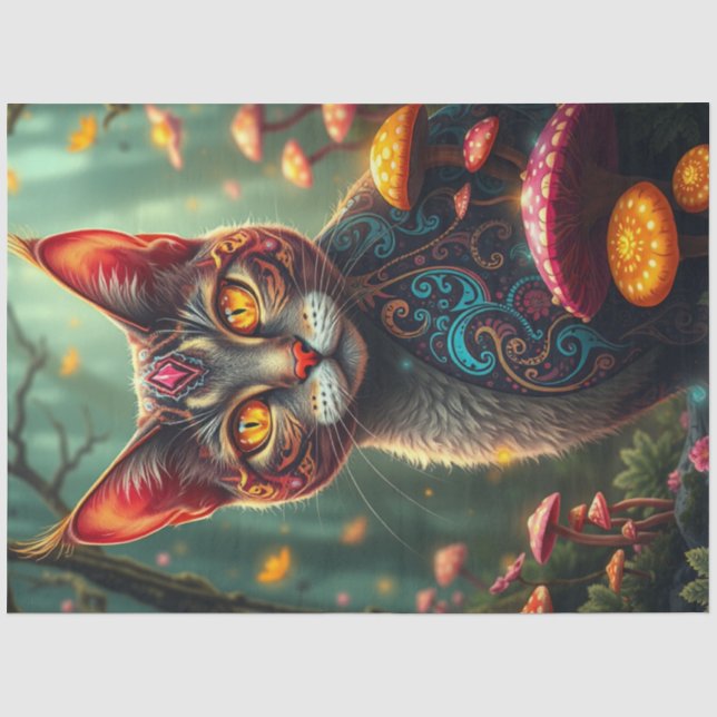 Fantasy Mushroom Forest Colourful Cat  Tissue Paper (Front)
