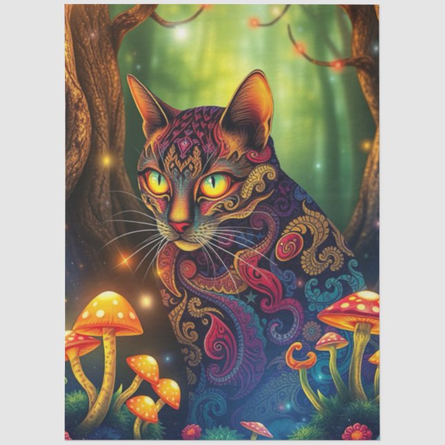 Fantasy Mushroom Forest Colourful Cat  Tissue Paper (Front)