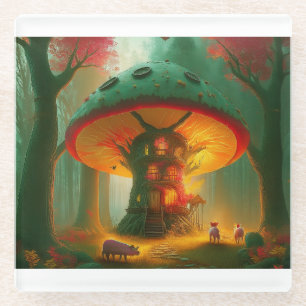 Fantasy Mushroom Tree House With Pigs Glass Coaster