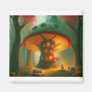 Fantasy Mushroom Tree House With Pigs Magnet